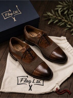 Flag Ltd Mens 9.5 Brown Leather Oxford Cap Toe Mixed Material Dress Shoes Luxury
